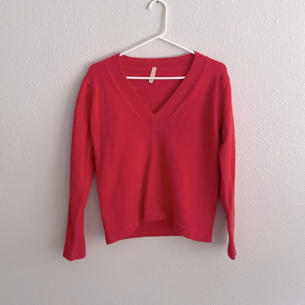 Anthropologie Bright coral-pink vneck sweater